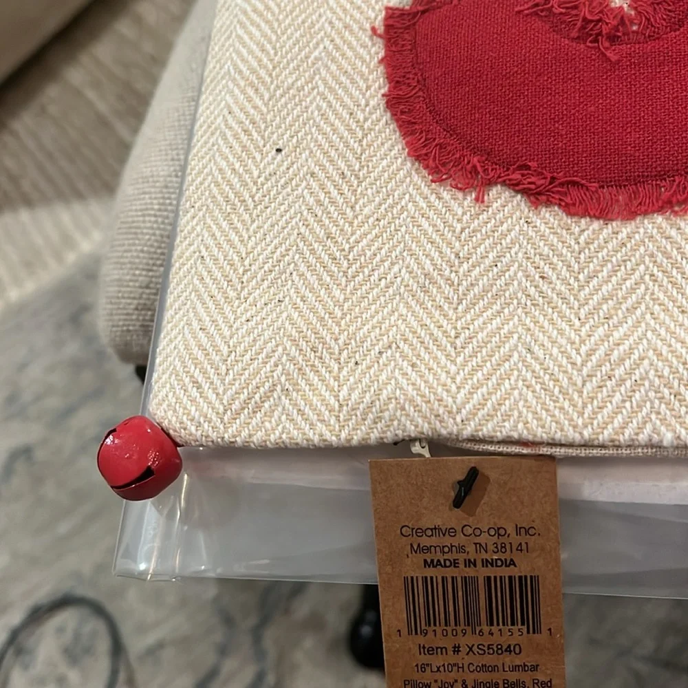 Creative Co-Op JOY Lumbar Pillow with Jingle Bells/NWT